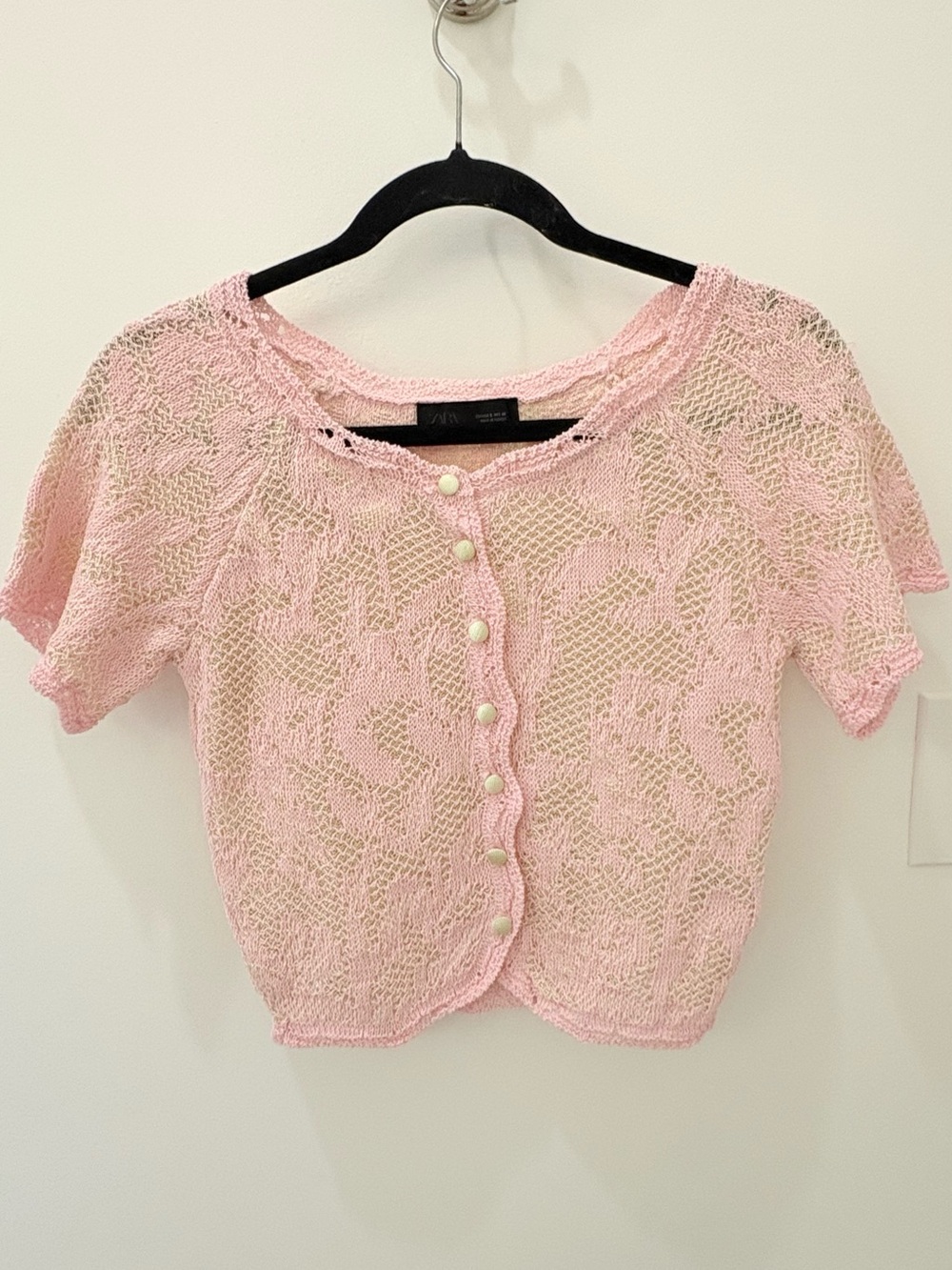 Zara Light Pink Crochet Button-Front Short Sleeve Top Size Small Great Condition